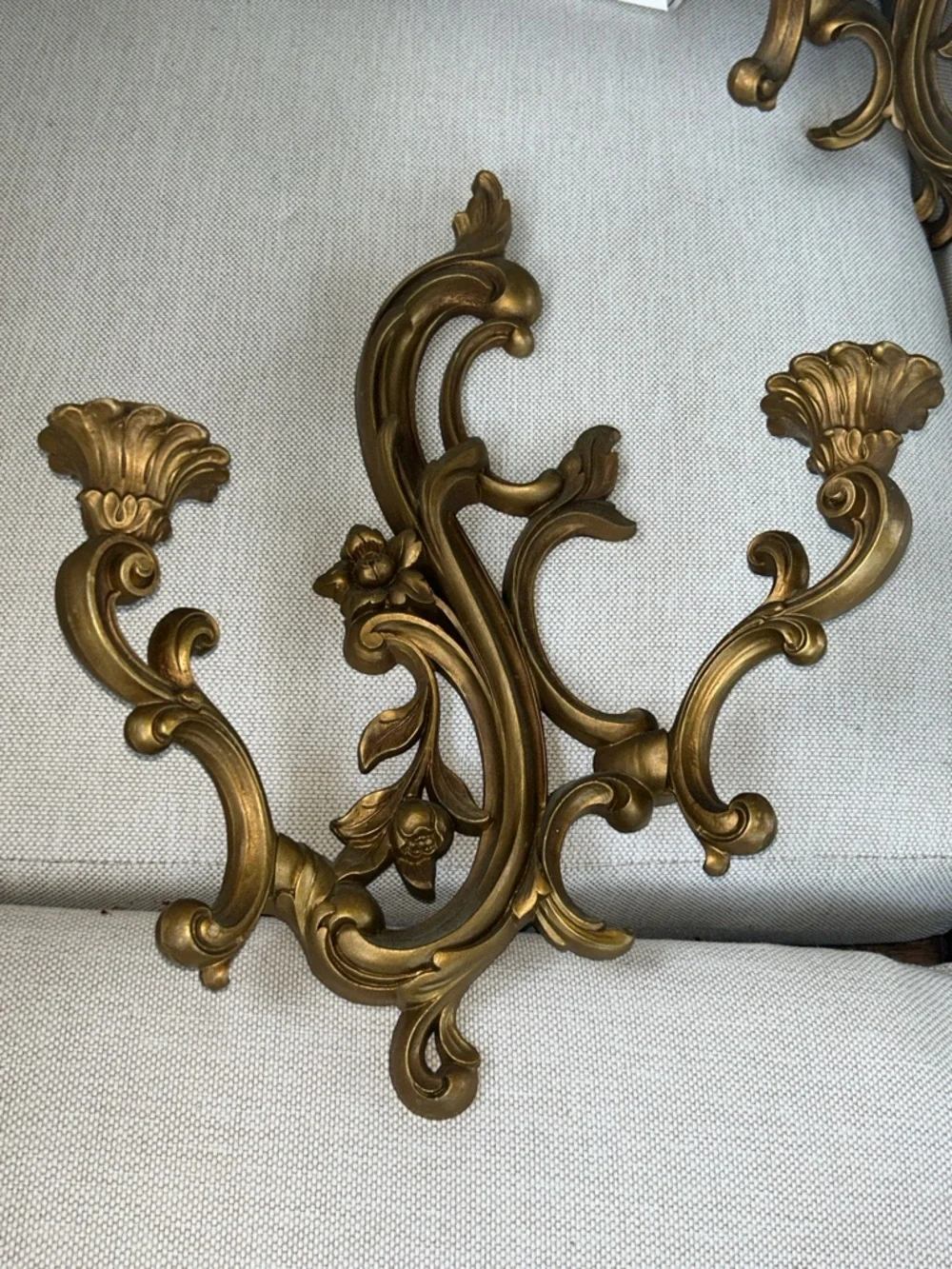 Vintage MCM Dart Ornate Double-Arm Wall Sconces - Gold Finish